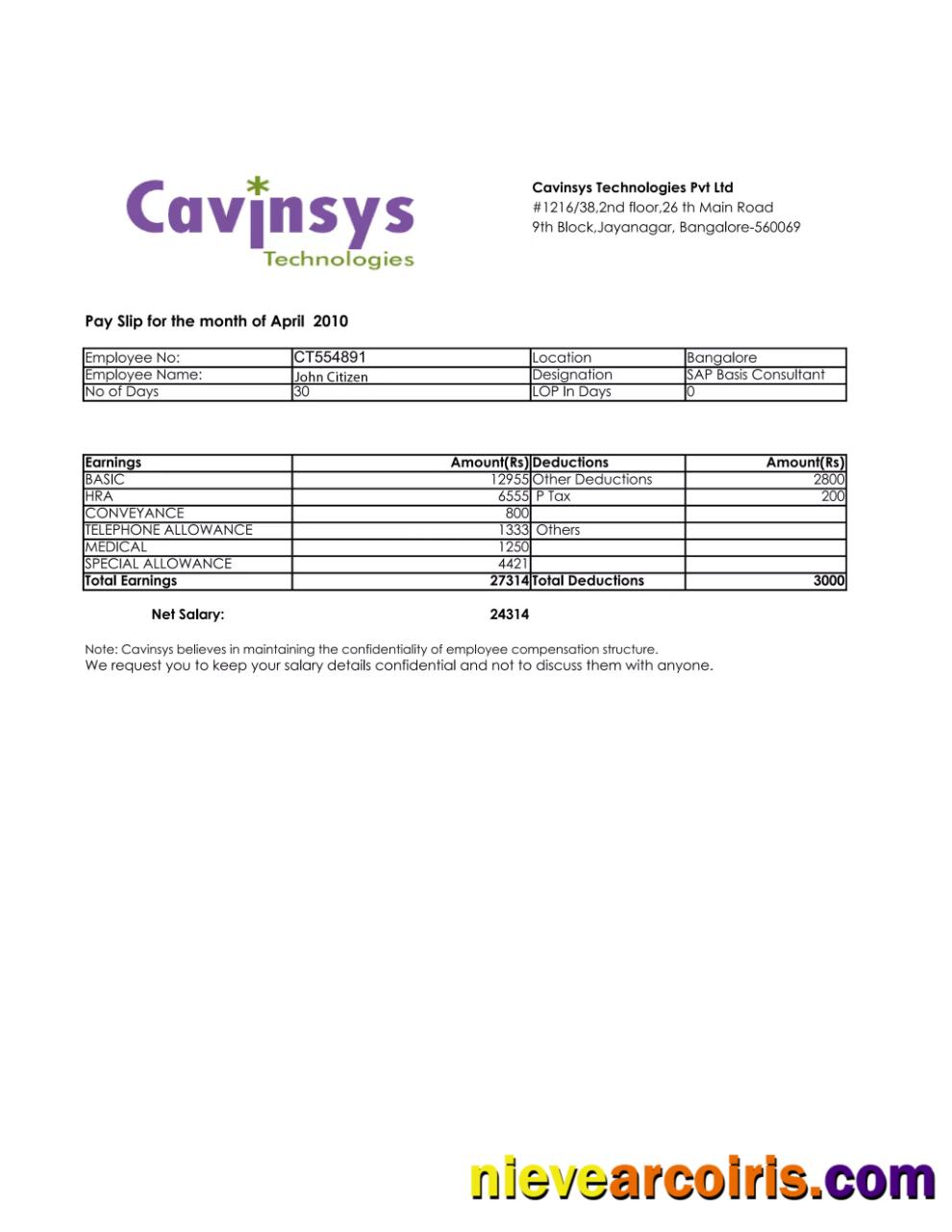 India CAVINSYS Technologies Pvt Ltd payslip